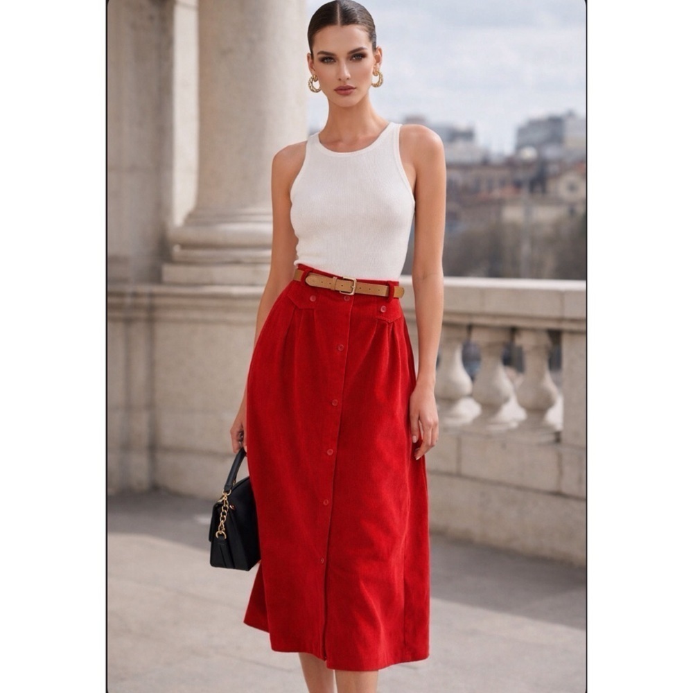 Vintage Villager Red Corduroy Midi Preppy Academia Y2K Western Button Skirt 8P